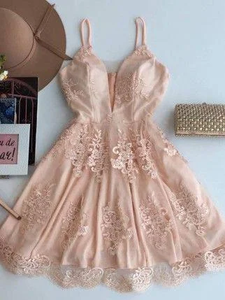 Cute V Neck Lace Short Cheap Homecoming Dresses 2018, CM514