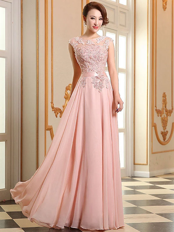 Eleagnt Evening Dresses Soft Pink Lace Applique Evening Dresses Chiffon Sleeveless Sash Floor Length Formal Gowns