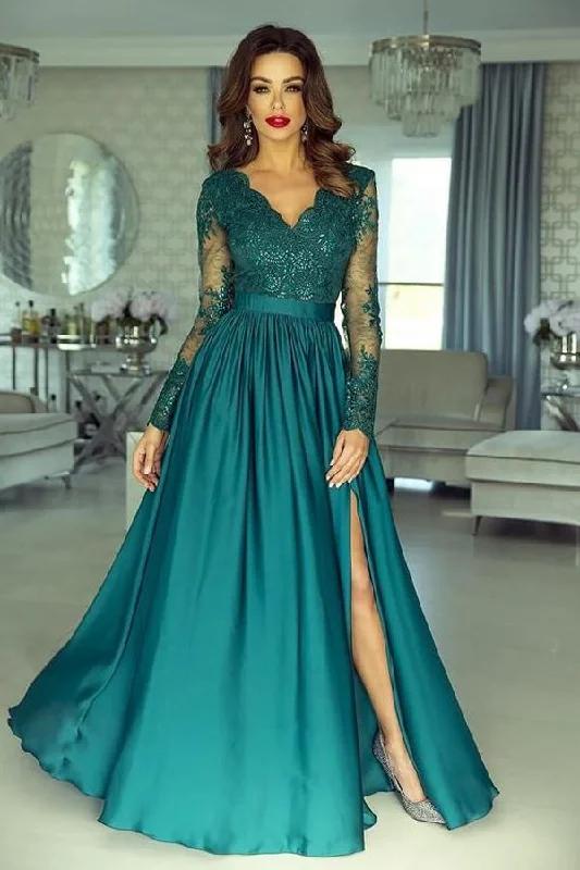 Elegant Long Sleeve Prom Dress Lace Appliques Evening Gowns With Split