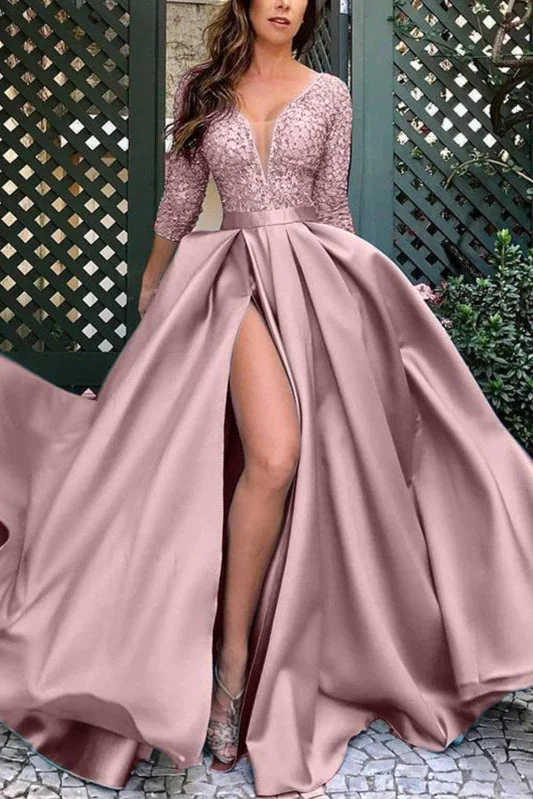 Glamorous 3/4 Sleeves Lace Prom Dress Long With Slit Online