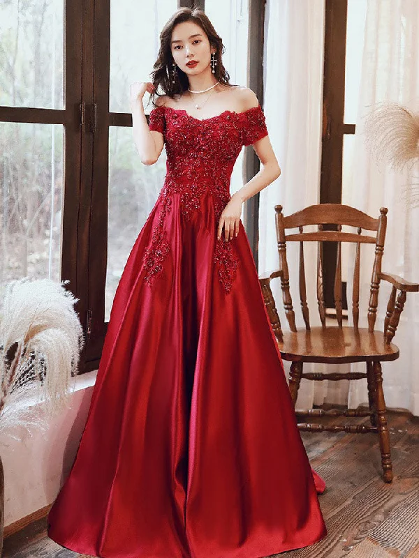 Glamorous Evening Dress A-Line Bateau Neck Floor-Length Short Sleeves Lace-up Beaded Matte Satin evening dress