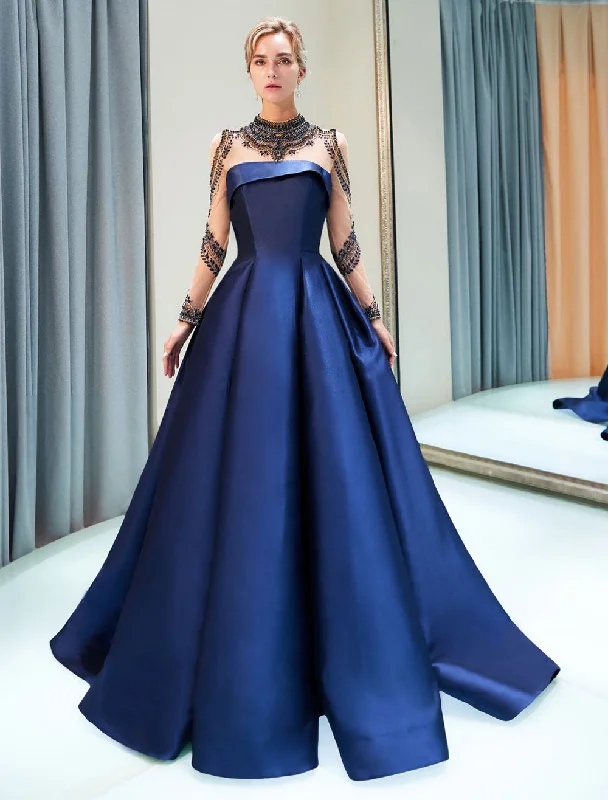 Glamorous Evening Dresses Luxury Dark Navy Satin A Line Long Sleeve Lace Illusion High Collar Quinceanera Dress