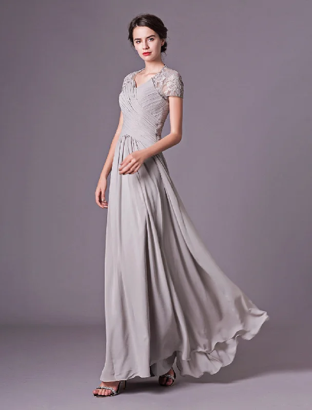 Glamorous Evening Dresses Silver Lace Short Sleeve Formal Gowns Chiffon Pleated Floor Length Mother Of Bride Dress