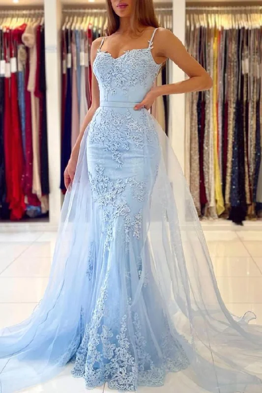 Glamorous Spaghetti-Straps Mermaid Evening Dress With Lace Appliques Ruffles