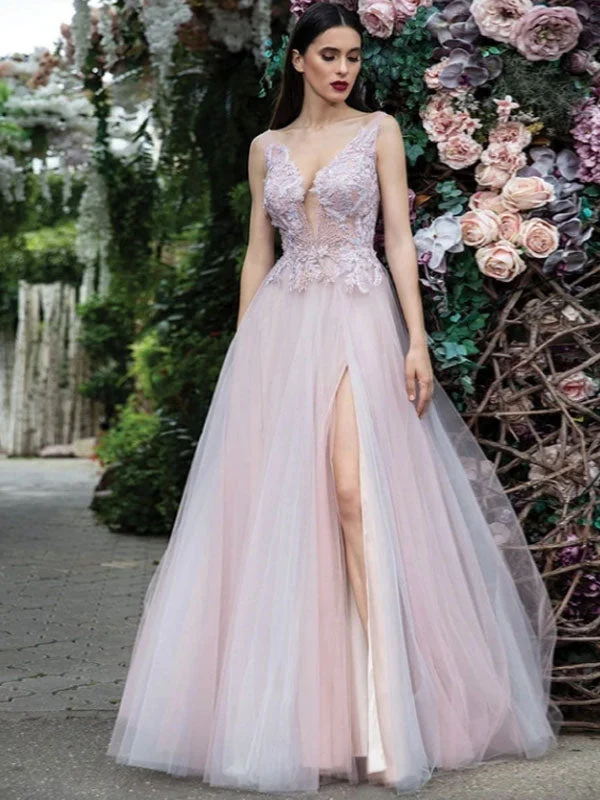 Glamorous Women Evening Dress A-Line V-Neck Floor-Length Backless Applique Lace Social Pageant Dresses Split Gown