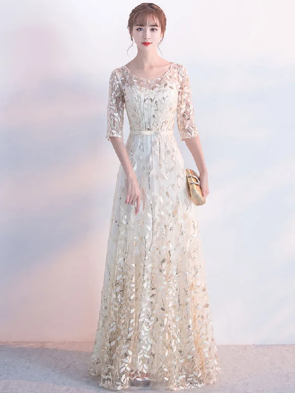 Gorgeous Champagne Evening Dress Sash Mother Of The Bride Dresses Round Neck Half Sleeve Lace A Line Floor Length Occasion Dresses