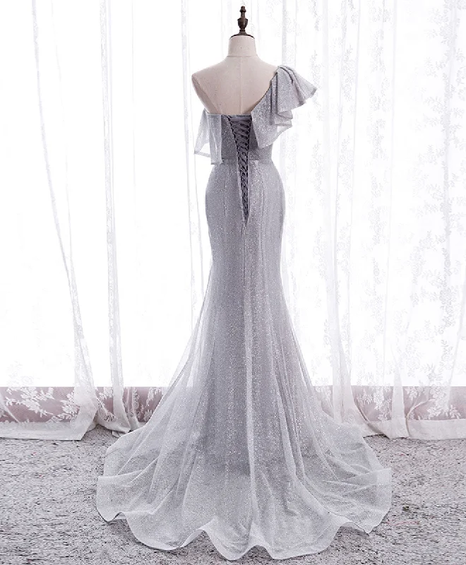 Gray Tulle Mermaid Long Prom Dress Gray Tulle Formal Dress