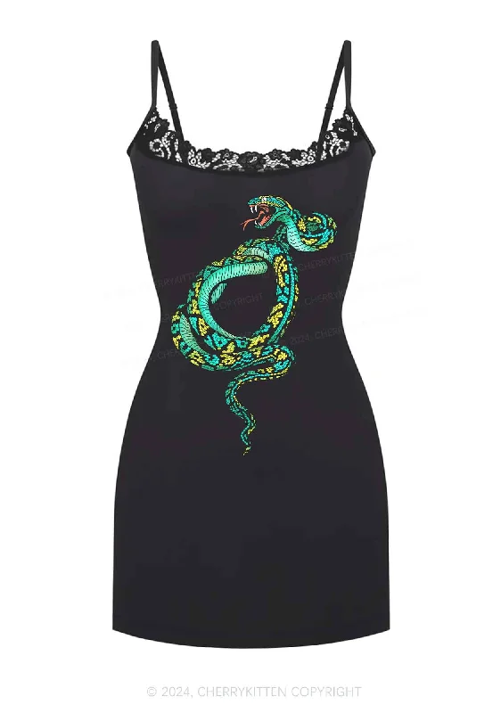 Green Snake Y2K Lace Slip Dress Cherrykitten