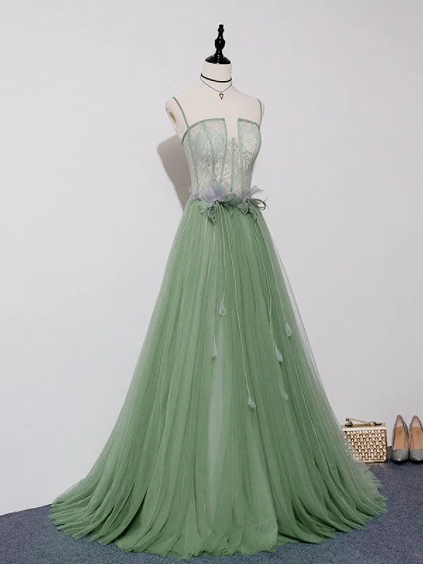 Green Tulle Lace Long Prom Dress, Green Tulle Long Formal Graduation Dress