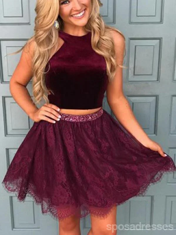 Halter Two Piece Red Lace Cheap Homecoming Dresses 2018, CM413