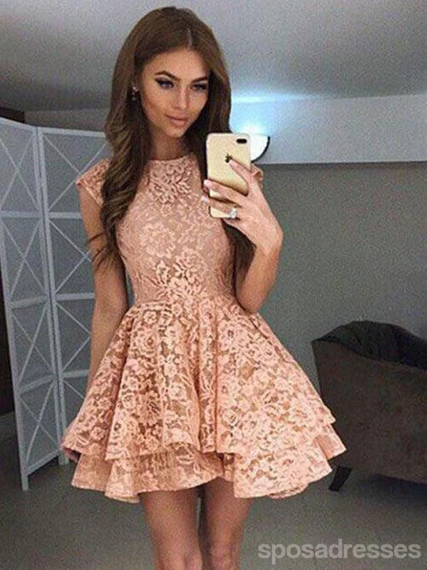 High Neck Peach Lace Cute Short Homecoming Dresses 2018, CM559