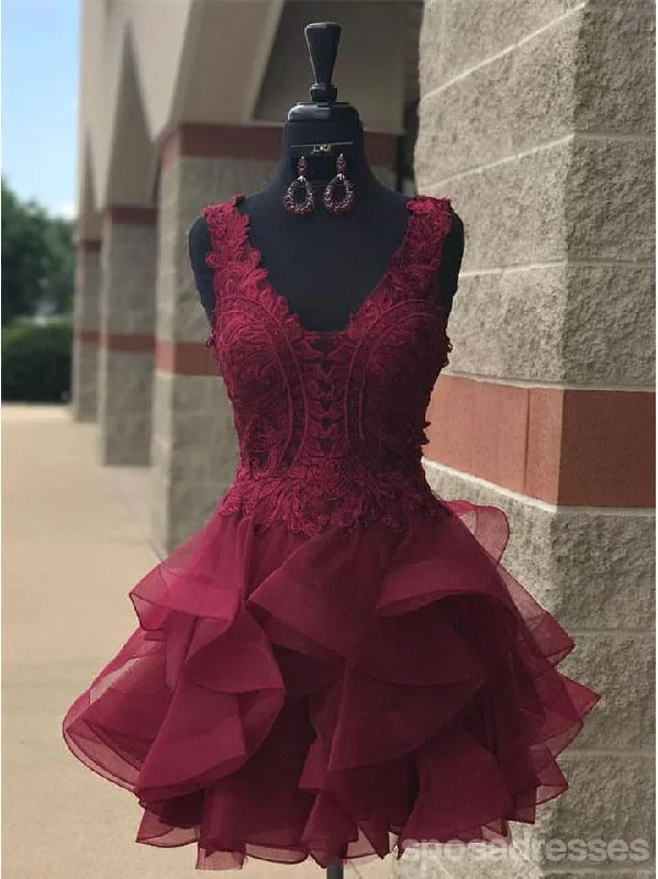 Lace V Neck Cheap Burgundy Homecoming Dresses 2018, CM458