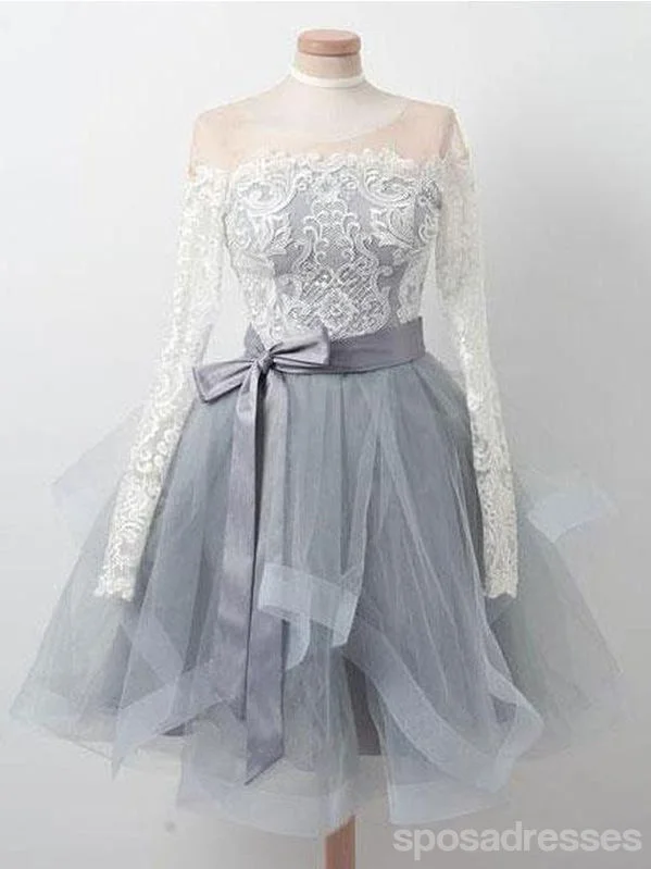 Long Sleeves Lace Grey Short Cheap Homecoming Dresses Online, CM576