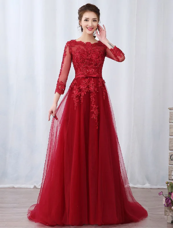 Modern Burgundy Evening Dresses Long Sleeve Lace Applique Beaded Formal Gown With Train