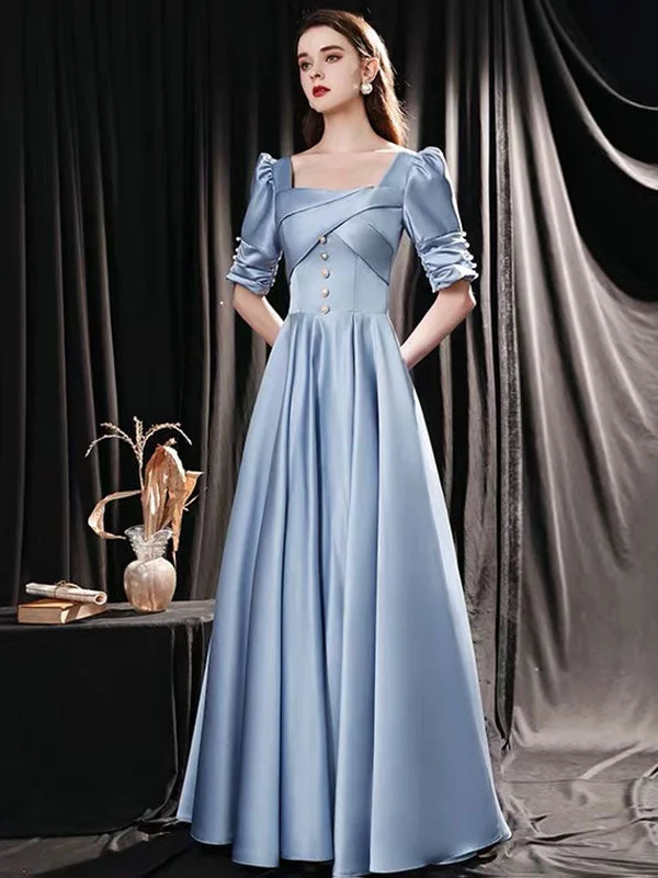 Modern Evening Dress Mint Blue A-Line Square Neck Floor-Length Half Sleeves Lace-up Pageant Dress