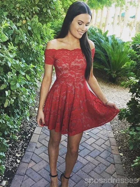 Off Shoulder Red Lace Simple Cheap Short Homecoming Dresses 2018, CM549