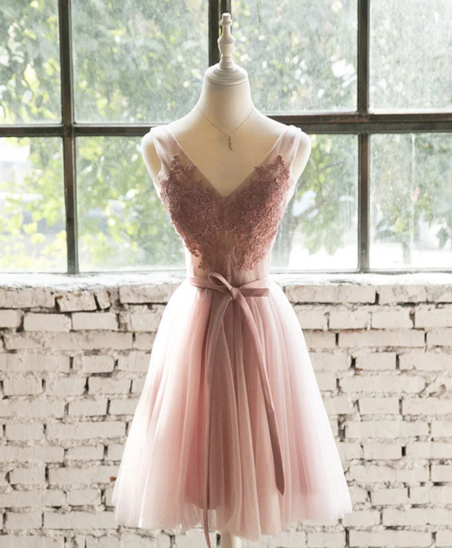 Pink Lace Tulle Short Prom Dress, Homecoming Dress