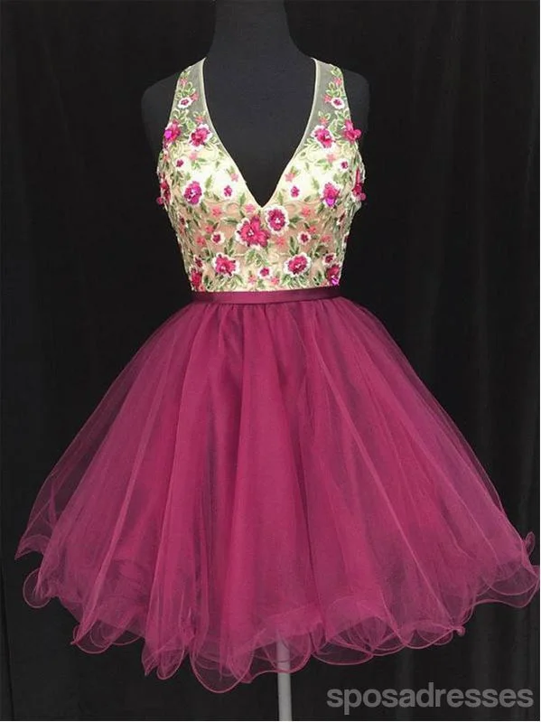 Sexy Open Back V neck Hot Pink Lace Cheap Homecoming Dresses 2018, CM452