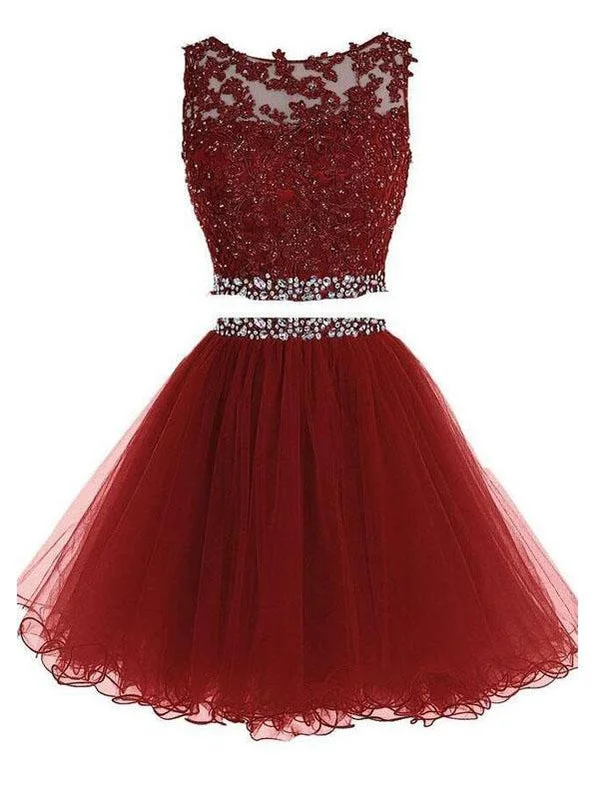 Sexy Two Pieces Burgundy  Lace Beaded Short Homecoming Dresses 2018, CM558