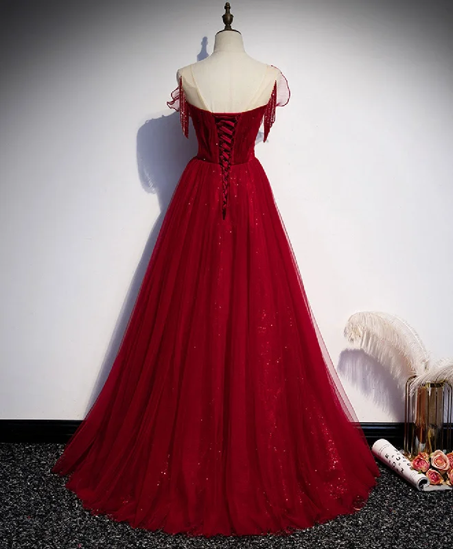 Simple Round Neck Tulle Burgundy Long Prom Dress, Burgundy Formal Dresses