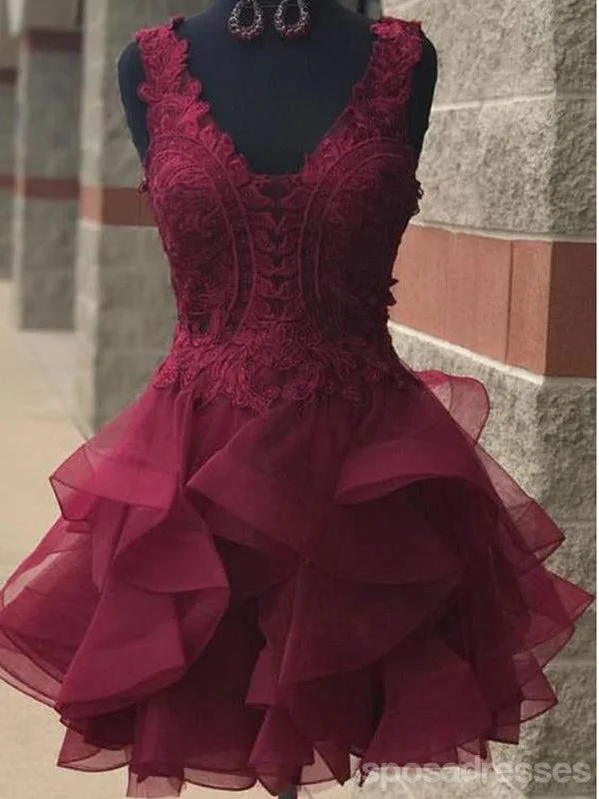 V Neck Burgundy Lace Short Cheap Homecoming Dresses Online, CM579