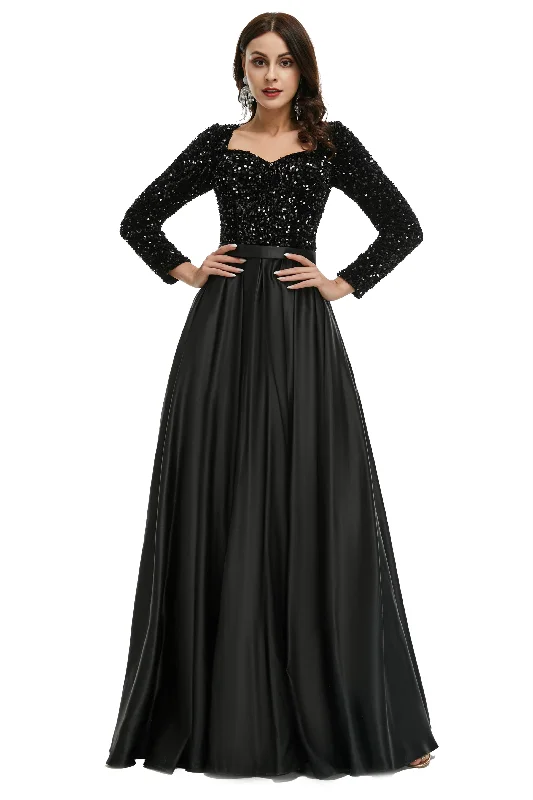 A-Line Sequins Sweet Neck Long Sleeve Corset Prom Dresses outfit