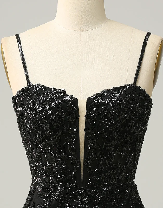 Black Spaghetti Straps Corset Back Sequin Homecoming Dress