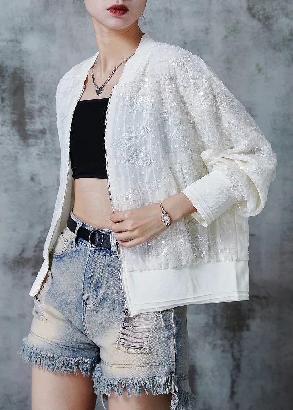 Bohemian Beige Sequins Pockets Cotton Jackets Summer