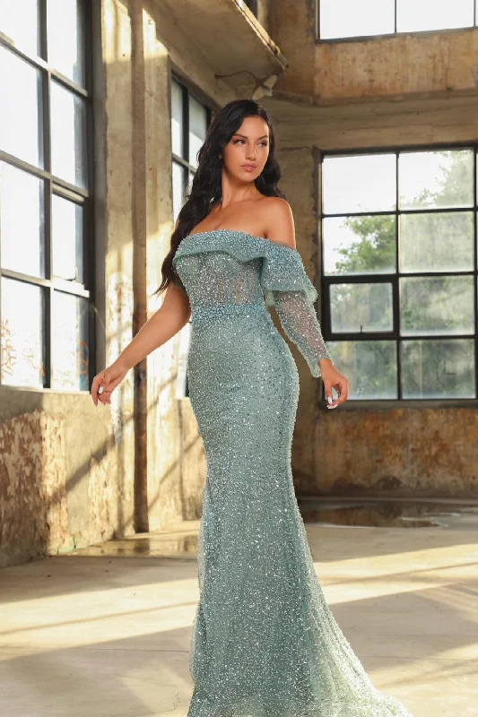 Classic Long Sleeves Mermaid Sequins Prom Dresses Long Slit Online