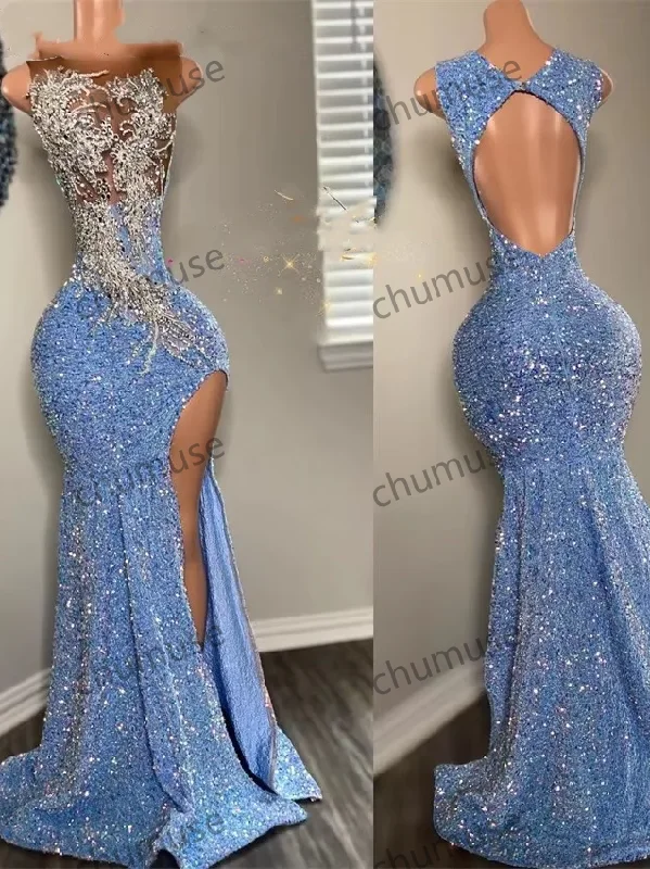 Glitter Blue Sequins Prom Dress Beading Crystal Side Split