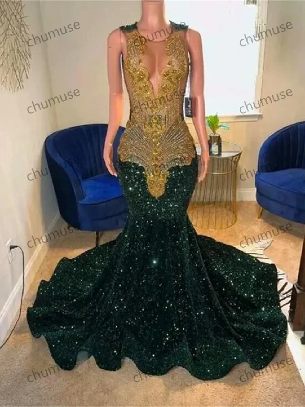 Green Sequin Gold Crystal Beaded Mermaid Prom Dresses Sexy Sheer Mesh