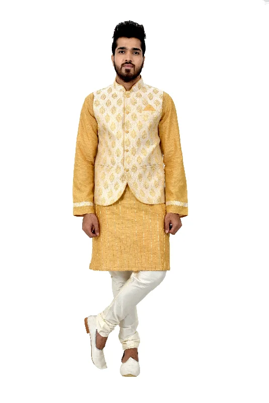 Indian Traditional Cotton Silk Golden Yellow Sherwani Kurta Set with Ivory Jacket for Men