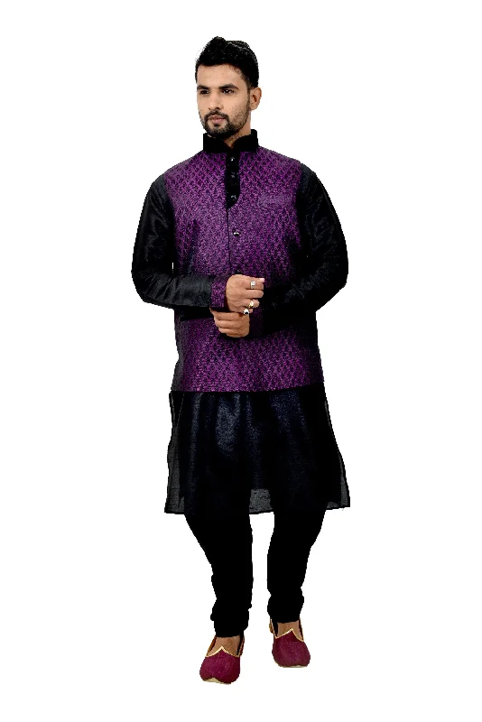 Indian Traditional Silk Black Sherwani Kurta Set with Plum Jacket for Men