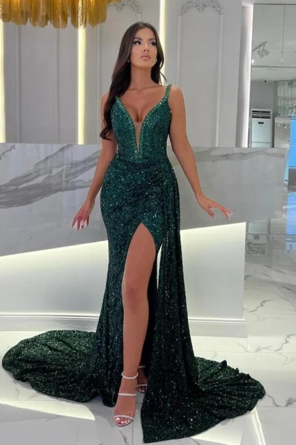 Long Dark Green Straps Sweetheart Column Slit Front Evening Dress with Sequins