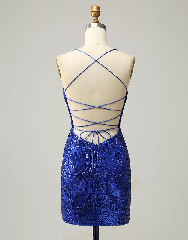 Royal Blue V-Neck Corset Back Homecoming Dress With Sequin