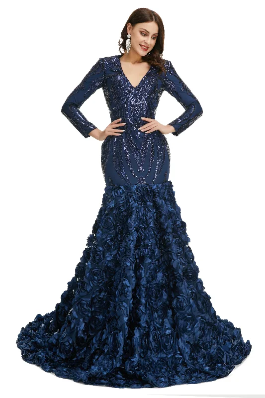 Sequins Mermaid Long V Neck Corset Prom Dresses Full Sleeve Gowns