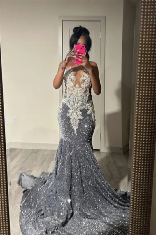 Silver Grey Sequins Prom Dress Mermaid With Beads