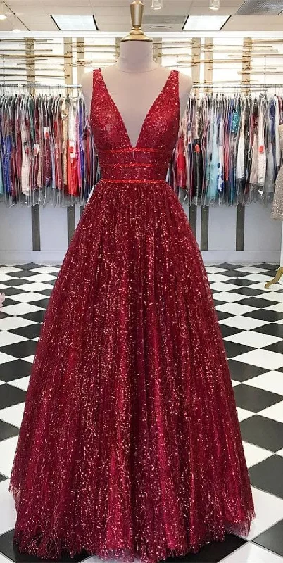 Sparkly Ball Gown V Neck Open Back Burgundy Sequins Long Prom Dresses, Unique Evening Dresses