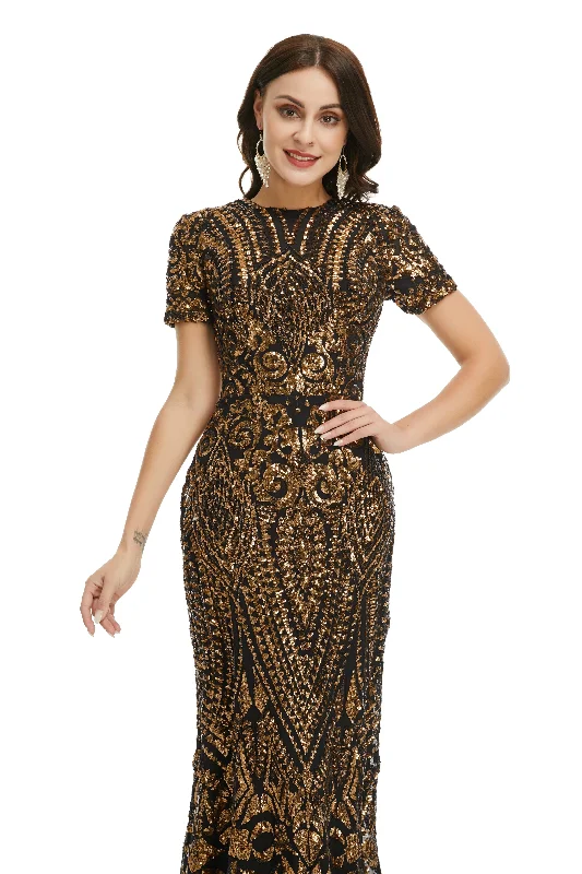 Short Sleeves Sequins A-Line Corset Formal Evening Dress outfit