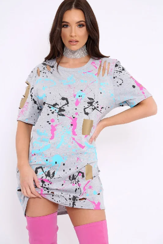 Grey Distressed Paint Splatter T-Shirt Dress - Masa