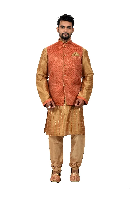 Indian Traditional Silk Golden Sherwani Kurta Set with Rust Jacket for Men