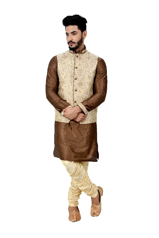 Indian Traditional Silk Otter Brown Sherwani Kurta Set with Cream Jacket for Men