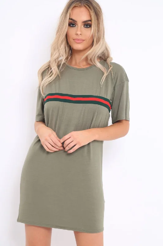 Khaki Stripe Front T Shirt Dress - Kamden