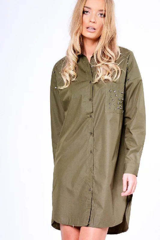 Khaki Stud Detail Oversized Shirt Dress - Ivona