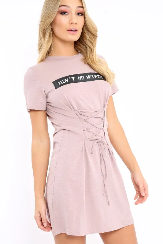 Mauve 'Ain't No Wifey' Slogan T-Shirt Corset Dress - Natalie