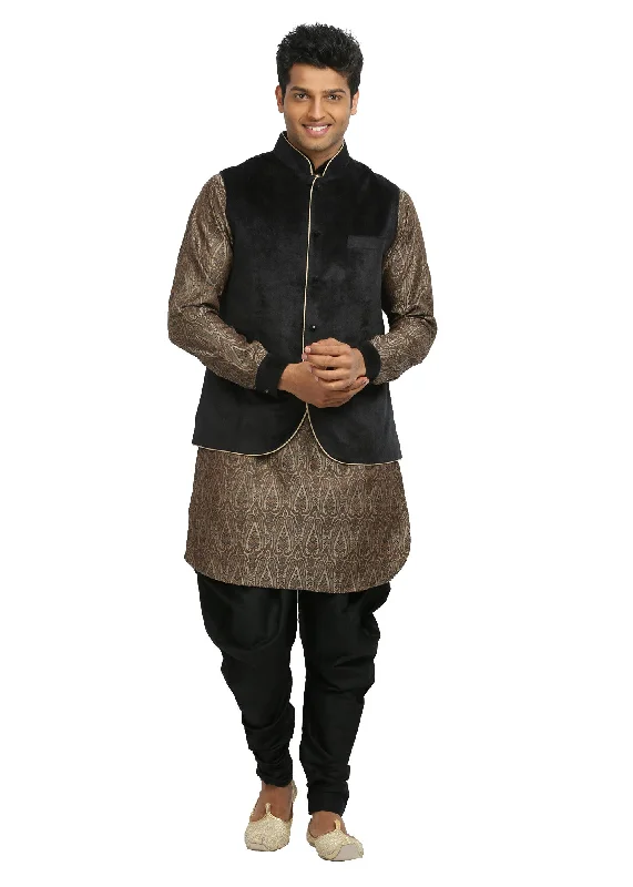 Men's Sandstone & Black Wedding Kurta Pajama with Jacket Size 40 (Rent)