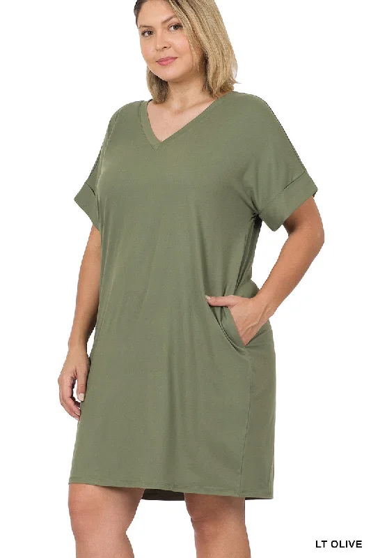 Olive Green T Shirt V Neck Dress