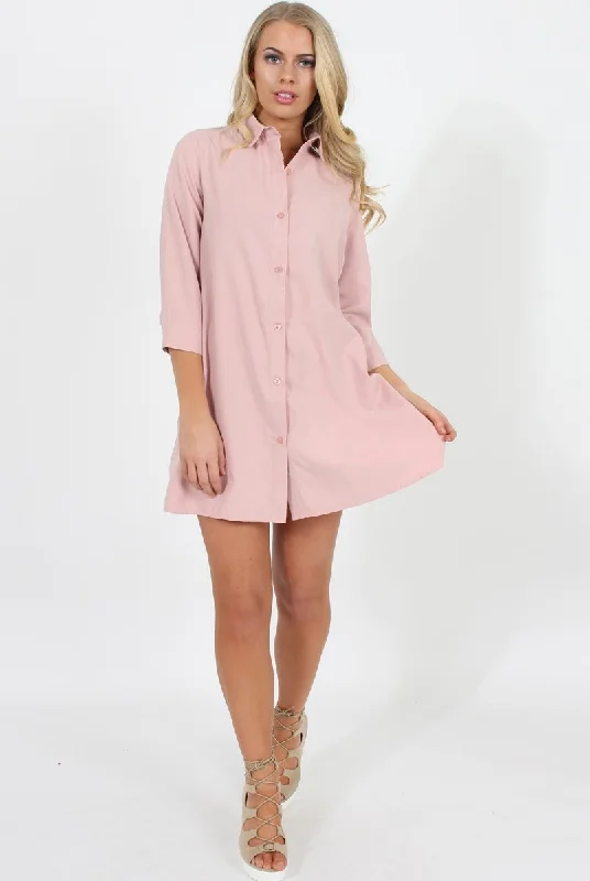 Pastel Pink Button Front Shirt Dress- Mina