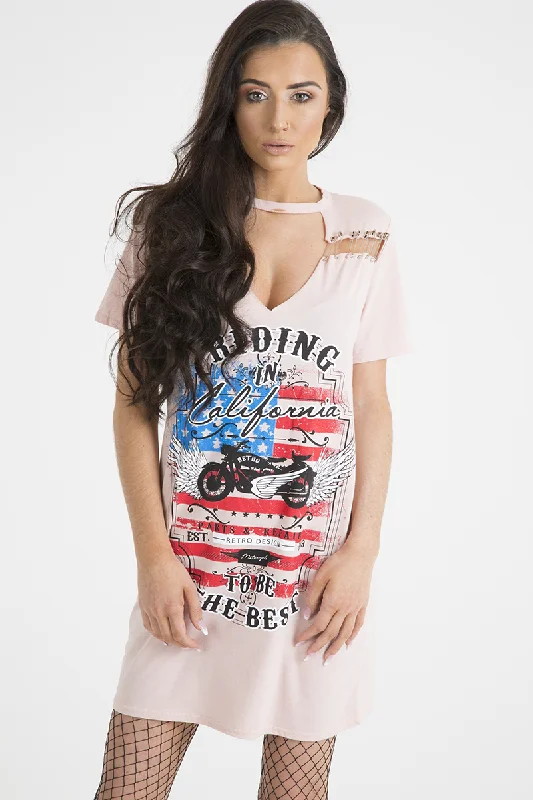 Pink 'Riding In California' Graphic Print Cut Out Pin Detail T-Shirt Dress - Harper