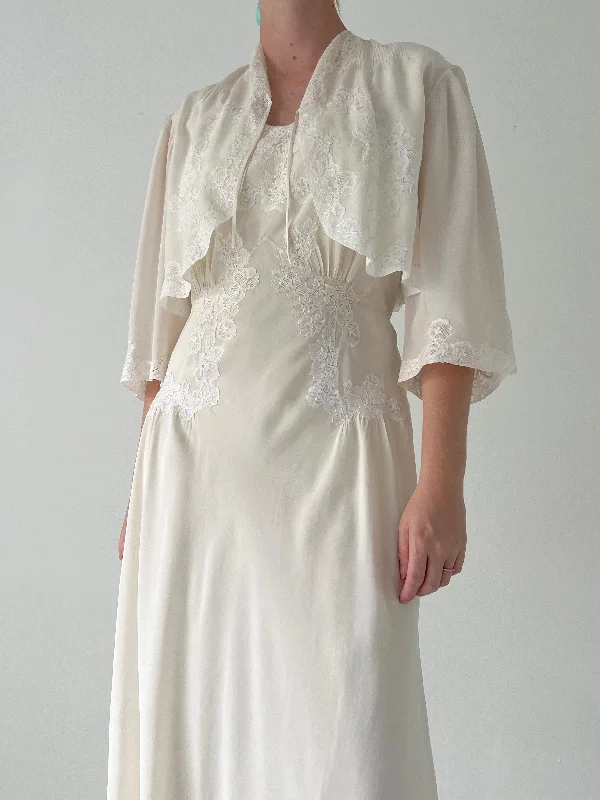 Handmade 1930's Cream Silk Slip and Jacket Set with White Lace